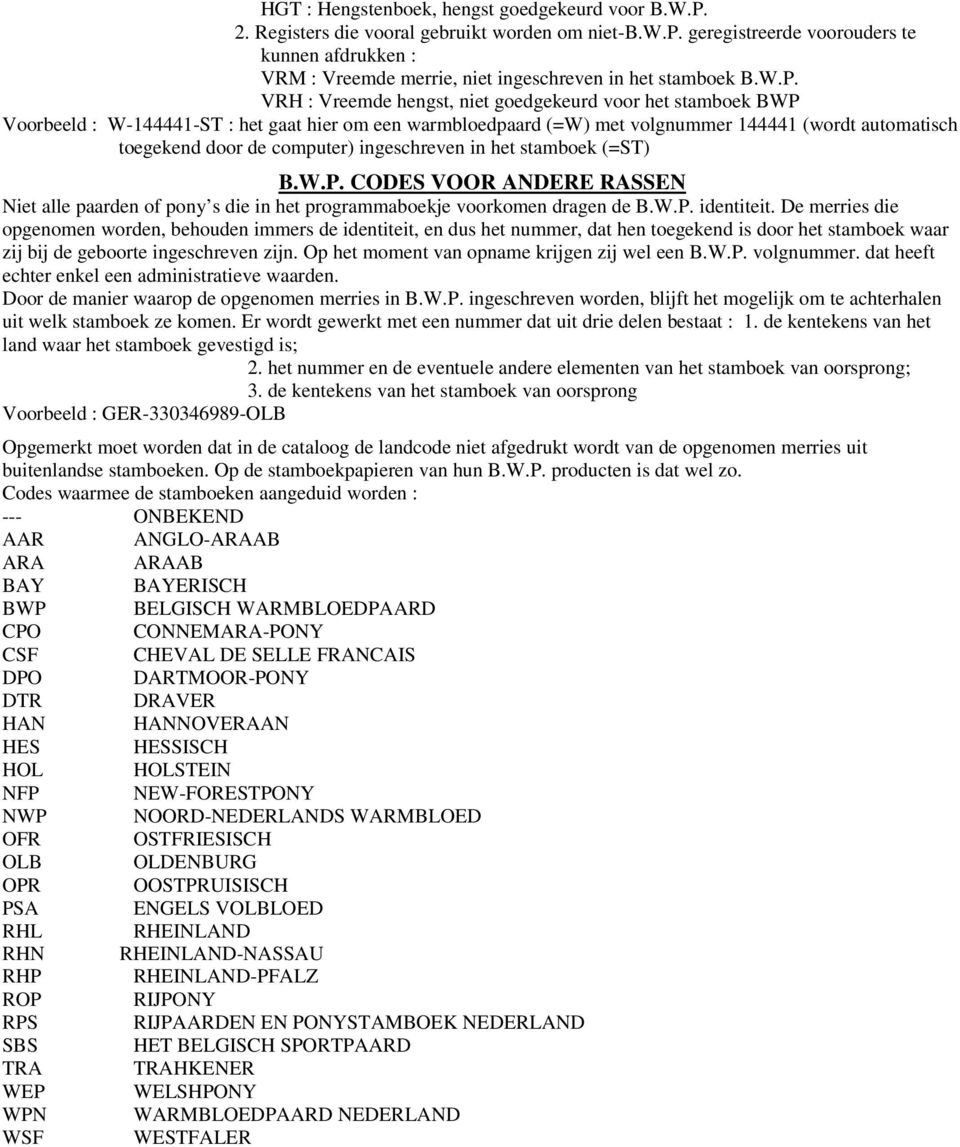 VRH : Vreemde hengst, niet goedgekeurd voor het stamboek BWP Voorbeeld : W-144441-ST : het gaat hier om een warmbloedpaard (=W) met volgnummer 144441 (wordt automatisch toegekend door de computer)