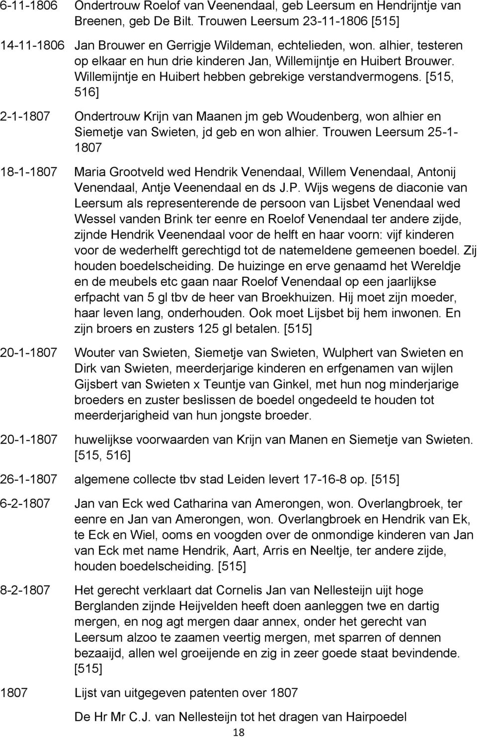[515, 516] 2-1-1807 Ondertrouw Krijn van Maanen jm geb Woudenberg, won alhier en Siemetje van Swieten, jd geb en won alhier.