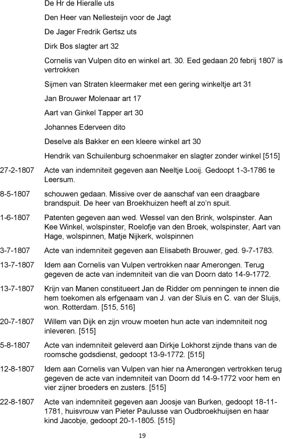 Bakker en een kleere winkel art 30 Hendrik van Schuilenburg schoenmaker en slagter zonder winkel 27-2-1807 Acte van indemniteit gegeven aan Neeltje Looij. Gedoopt 1-3-1786 te Leersum.