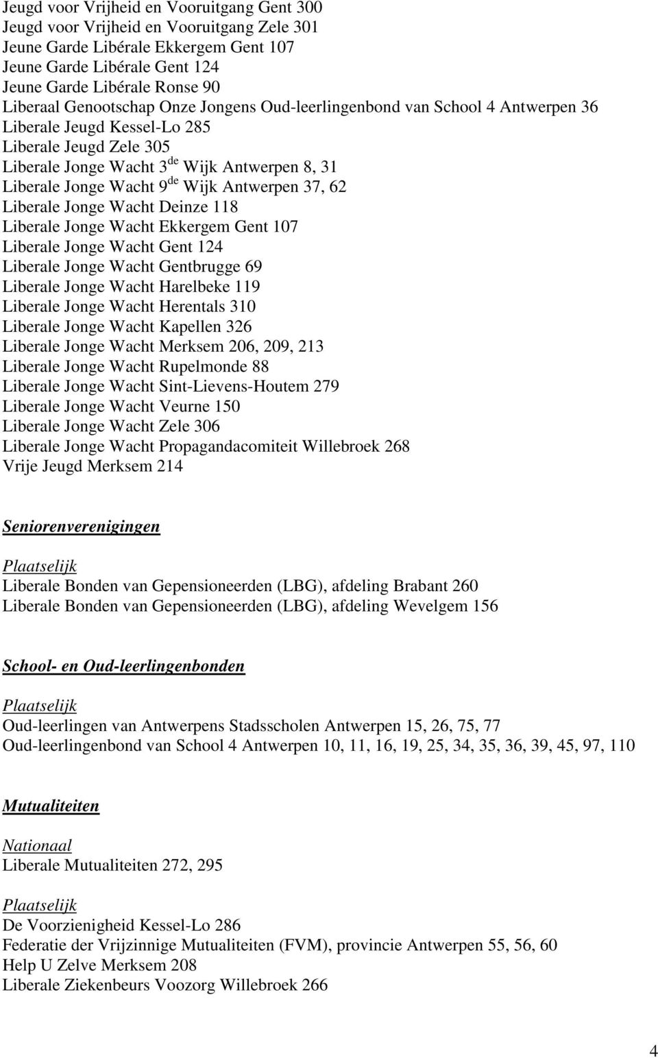 Wijk Antwerpen 37, 62 Liberale Jonge Wacht Deinze 118 Liberale Jonge Wacht Ekkergem Gent 107 Liberale Jonge Wacht Gent 124 Liberale Jonge Wacht Gentbrugge 69 Liberale Jonge Wacht Harelbeke 119