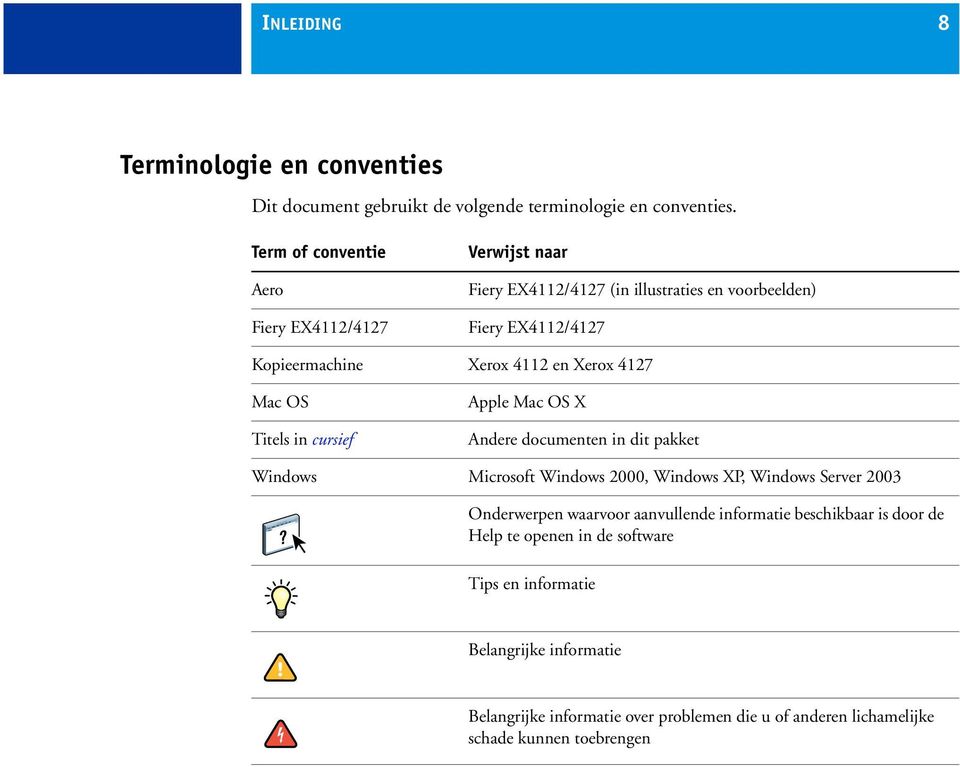 Xerox 4127 Mac OS Titels in cursief Apple Mac OS X Andere documenten in dit pakket Windows Microsoft Windows 2000, Windows XP, Windows Server 2003