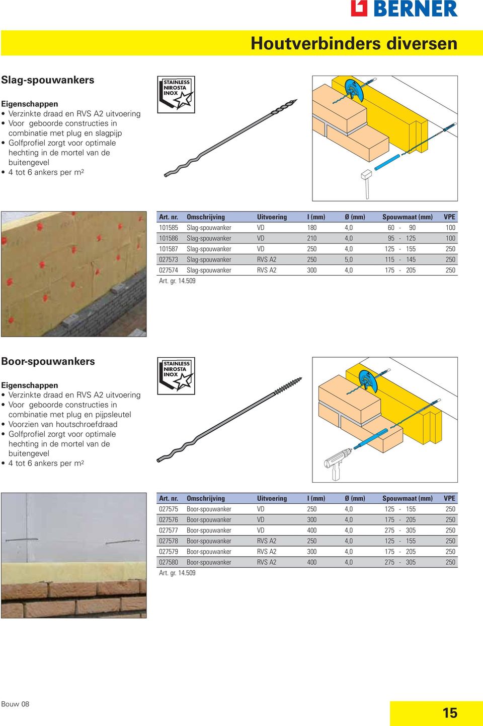 Omschrijving Uitvoering l (mm) Ø (mm) Spouwmaat (mm) VPE 101585 Slag-spouwanker VD 180 4,0 60-90 100 101586 Slag-spouwanker VD 210 4,0 95-125 100 101587 Slag-spouwanker VD 250 4,0 125-155 250 027573