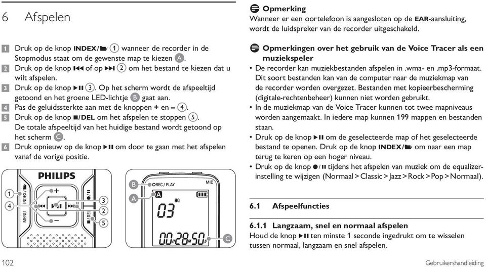 3 Druk op de knop f 3. Op het scherm wordt de afspeeltijd getoond en het groene LED-lichtje B gaat aan. 4 Pas de geluidssterkte aan met de knoppen + en 4.