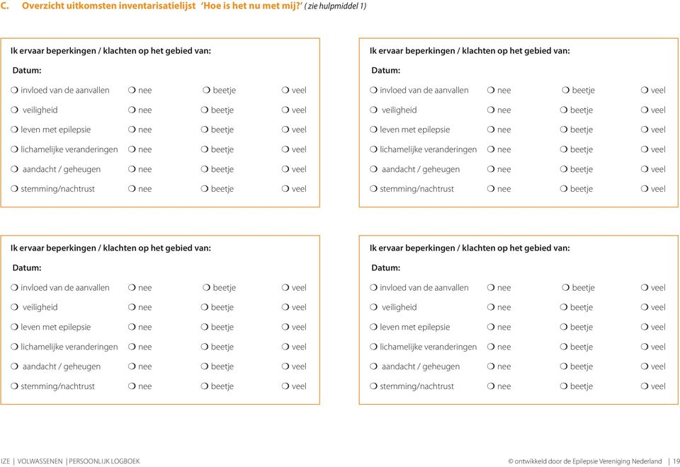 veranderingen nee beetje veel aandacht / geheugen nee beetje veel stemming/nachtrust nee beetje veel Ik ervaar beperkingen / klachten op het gebied van: Datum: invloed van de aanvallen nee beetje