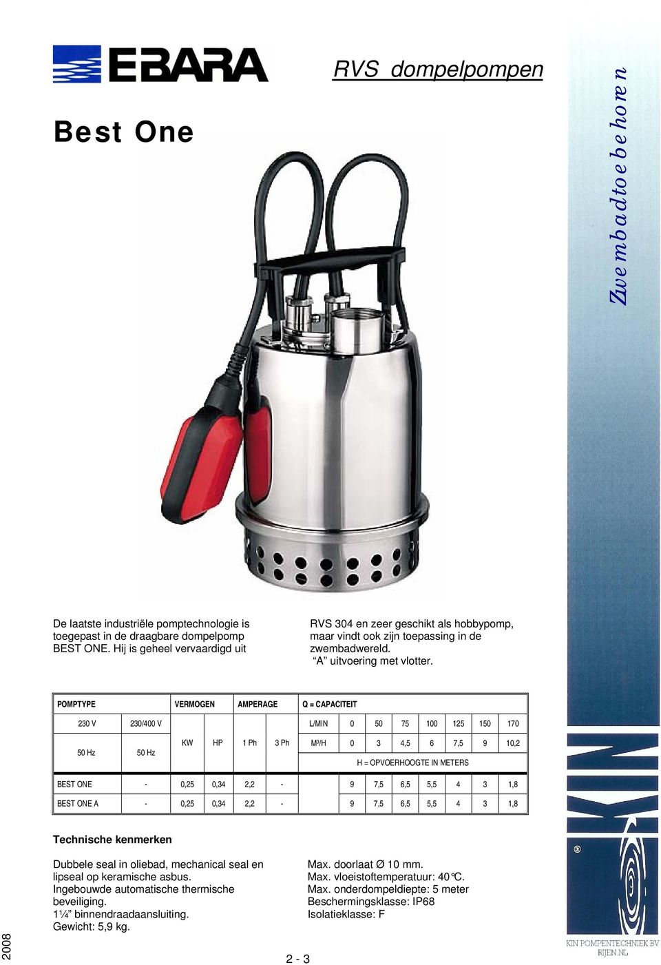 POMPTYPE VERMOGEN AMPERAGE Q = CAPACITEIT 230 V 230/400 V L/MIN 0 50 75 100 125 150 170 50 Hz 50 Hz KW HP 1 Ph 3 Ph M³/H 0 3 4,5 6 7,5 9 10,2 H = OPVOERHOOGTE IN METERS BEST ONE - 0,25 0,34 2,2-9 7,5