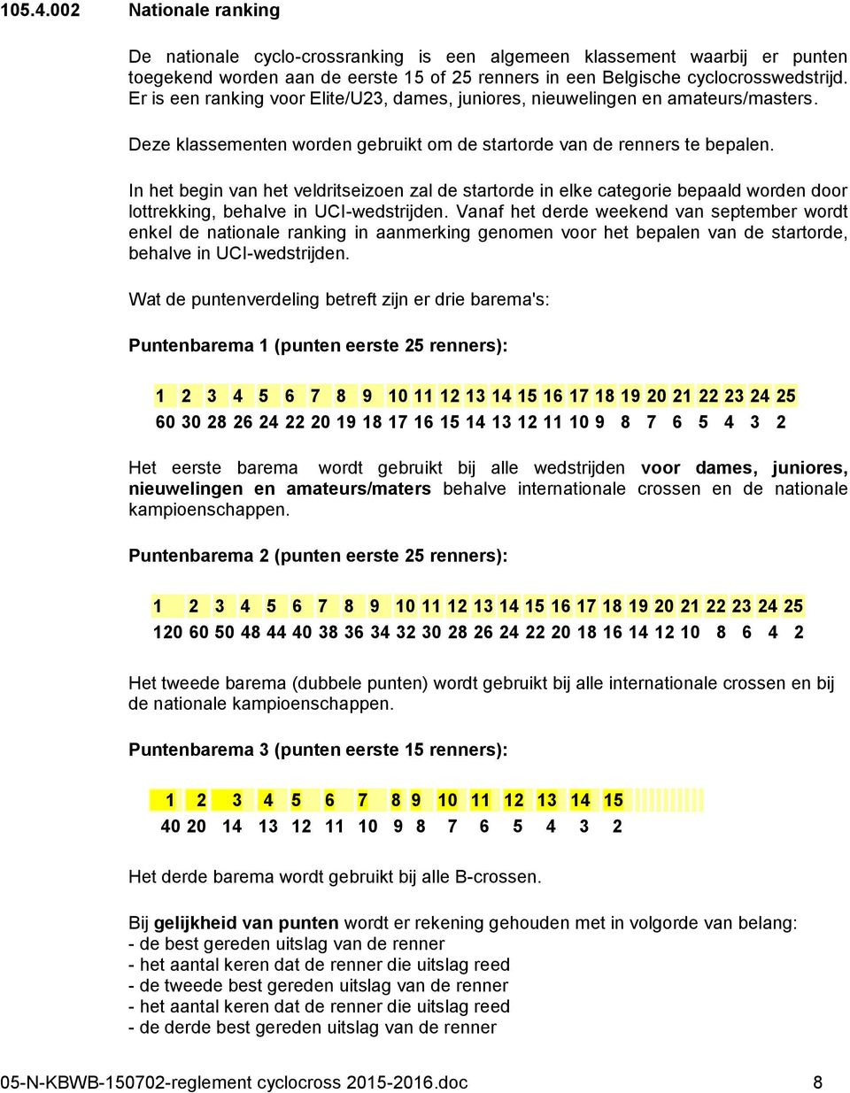 In het begin van het veldritseizoen zal de startorde in elke categorie bepaald worden door lottrekking, behalve in UCI-wedstrijden.