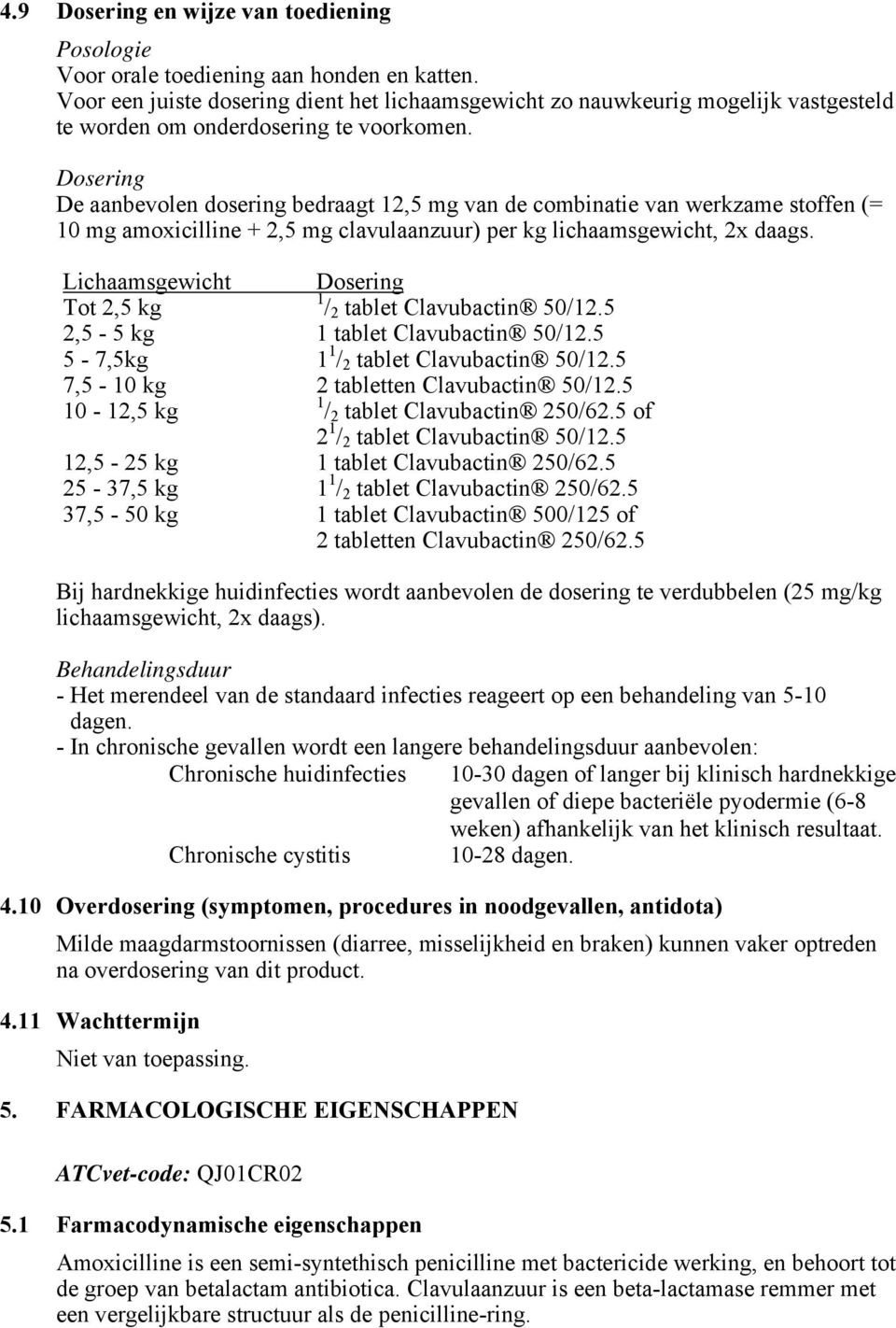 Dosering De aanbevolen dosering bedraagt 12,5 mg van de combinatie van werkzame stoffen (= 10 mg amoxicilline + 2,5 mg clavulaanzuur) per kg lichaamsgewicht, 2x daags.