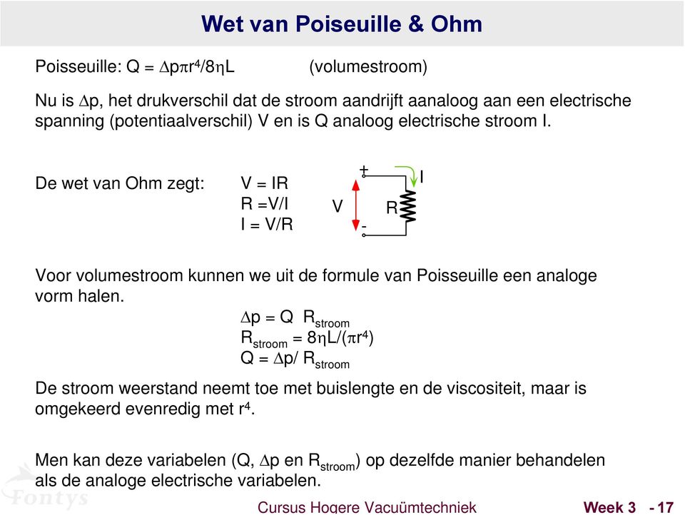 De wet van Ohm zegt: V IR R V/I I V/R V + - R I Voor volumestroom kunnen we uit de formule van Poisseuille een analoge vorm halen.