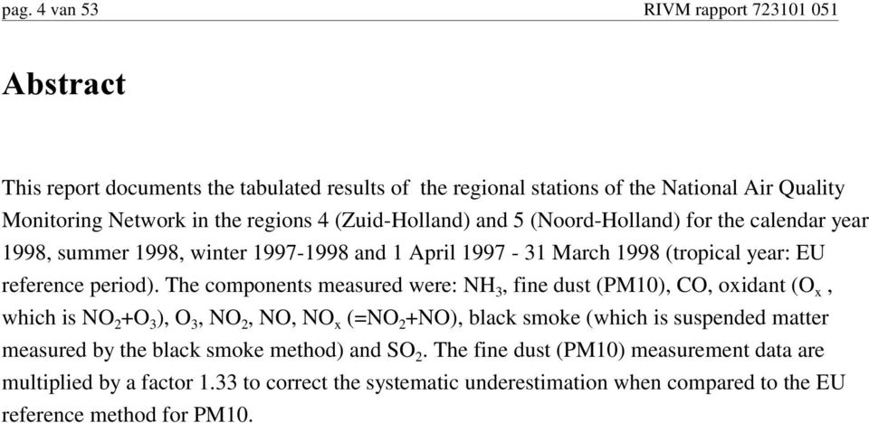 The components measured were: NH, fine dust (M), CO, oxidant (O x, which is NO +O ), O, NO, NO, NO x (=NO +NO), black smoke (which is suspended matter measured