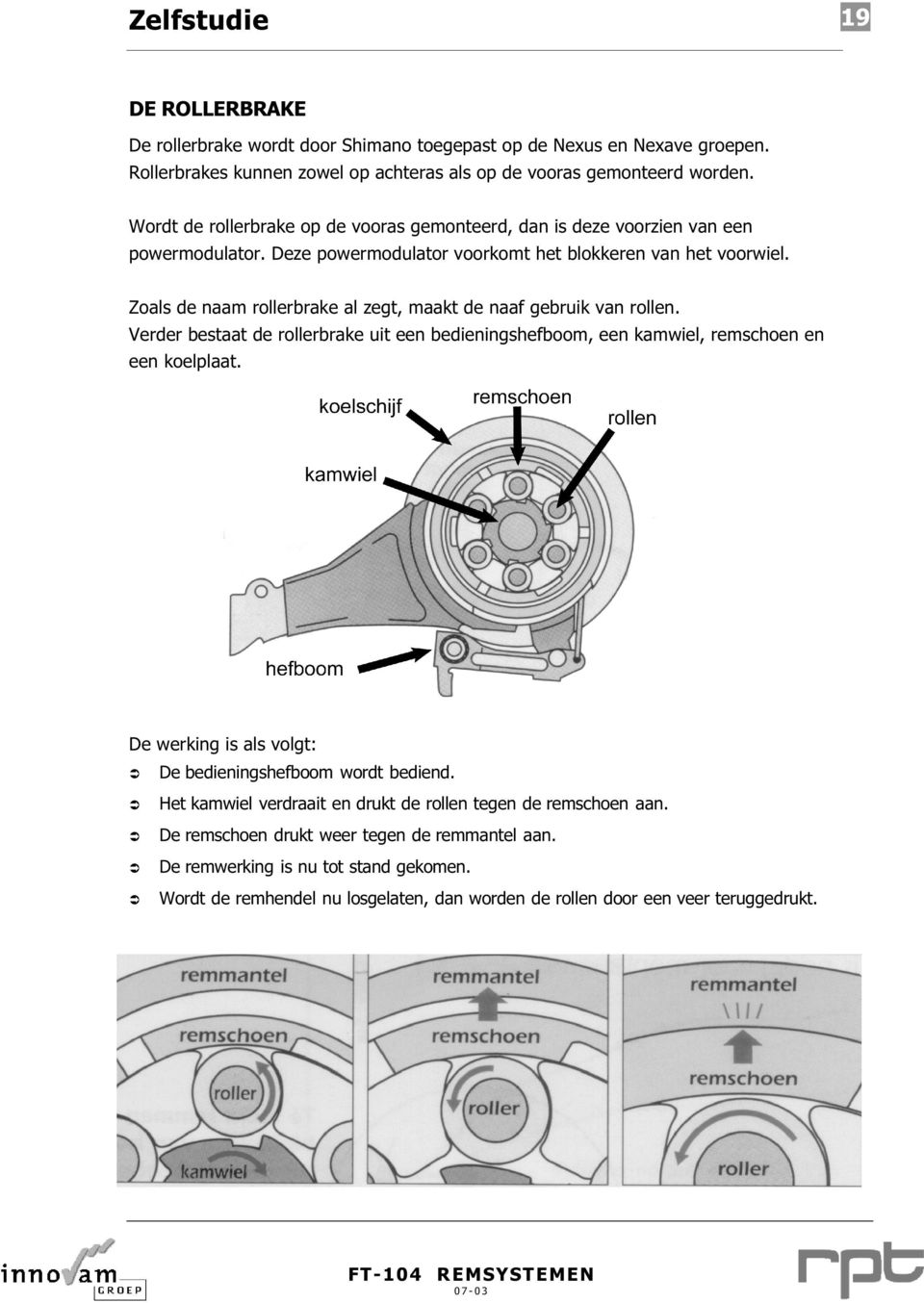 Zoals de naam rollerbrake al zegt, maakt de naaf gebruik van rollen. Verder bestaat de rollerbrake uit een bedieningshefboom, een kamwiel, remschoen en een koelplaat.