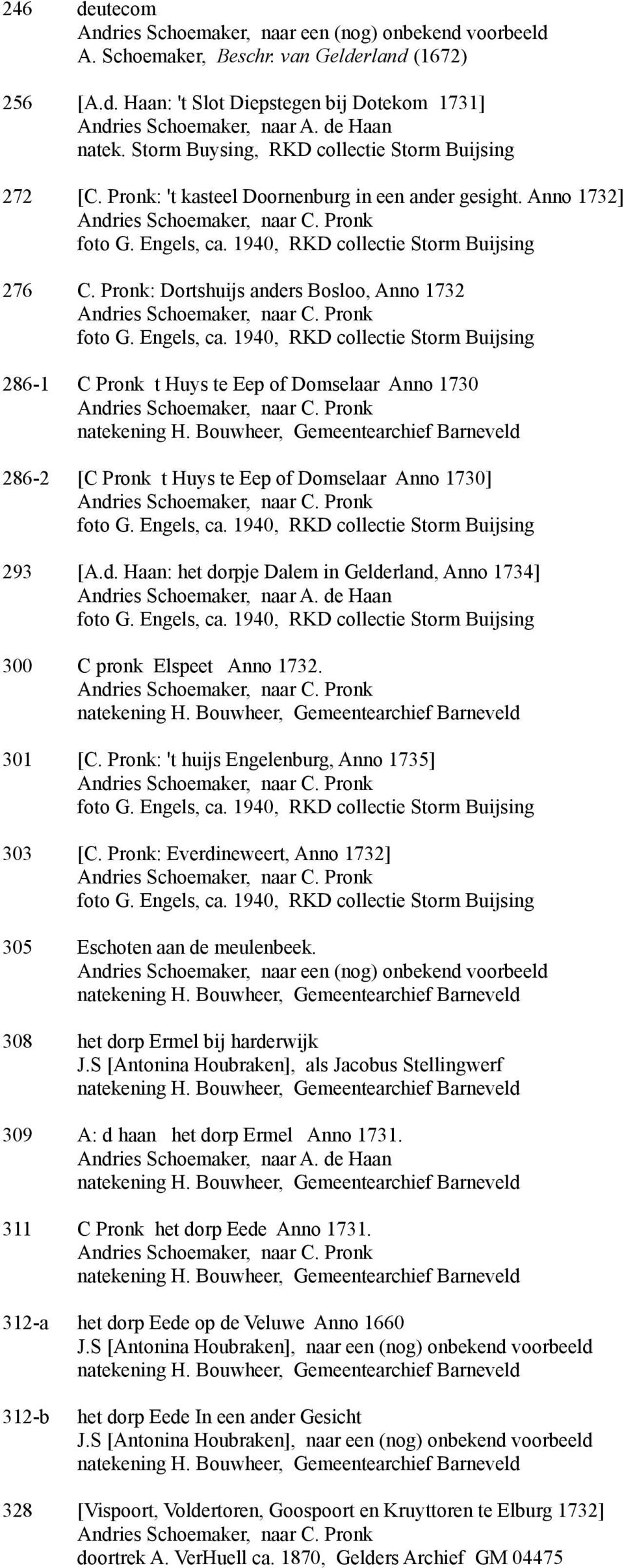 Pronk: Dortshuijs anders Bosloo, Anno 1732 286-1 C Pronk t Huys te Eep of Domselaar Anno 1730 286-2 [C Pronk t Huys te Eep of Domselaar Anno 1730] 293 [A.d. Haan: het dorpje Dalem in Gelderland, Anno 1734] 300 C pronk Elspeet Anno 1732.