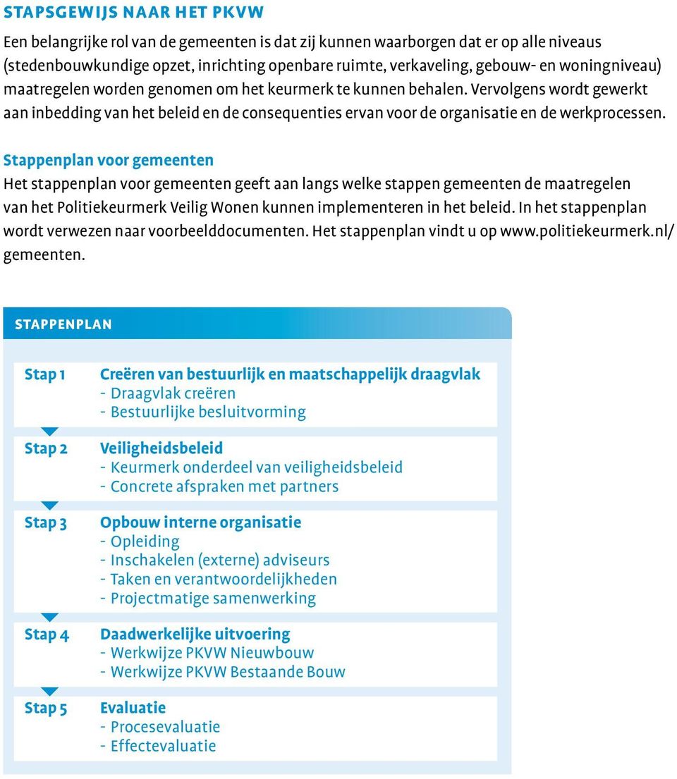 Stappenplan voor gemeenten Het stappenplan voor gemeenten geeft aan langs welke stappen gemeenten de maatregelen van het Politiekeurmerk Veilig Wonen kunnen implementeren in het beleid.