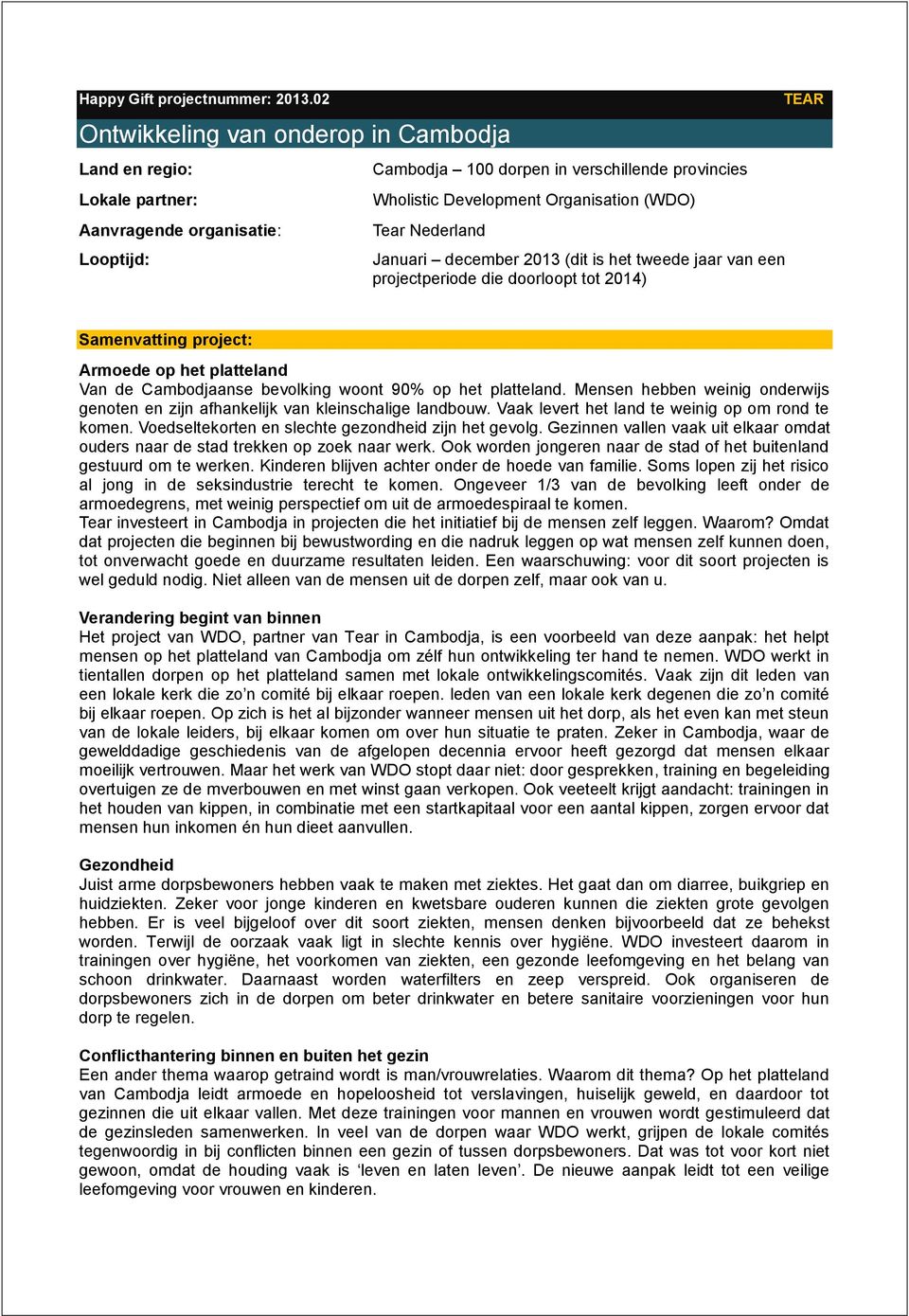 Nederland Januari december 2013 (dit is het tweede jaar van een projectperiode die doorloopt tot 2014) TEAR Samenvatting project: Armoede op het platteland Van de Cambodjaanse bevolking woont 90% op