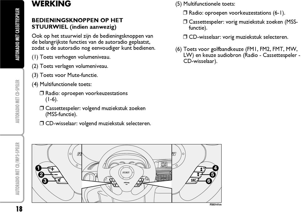 (4) Multifunctionele toets: Radio: oproepen voorkeuzestations (1-6). Cassettespeler: volgend muziekstuk zoeken (MSS-functie). CD-wisselaar: volgend muziekstuk selecteren.