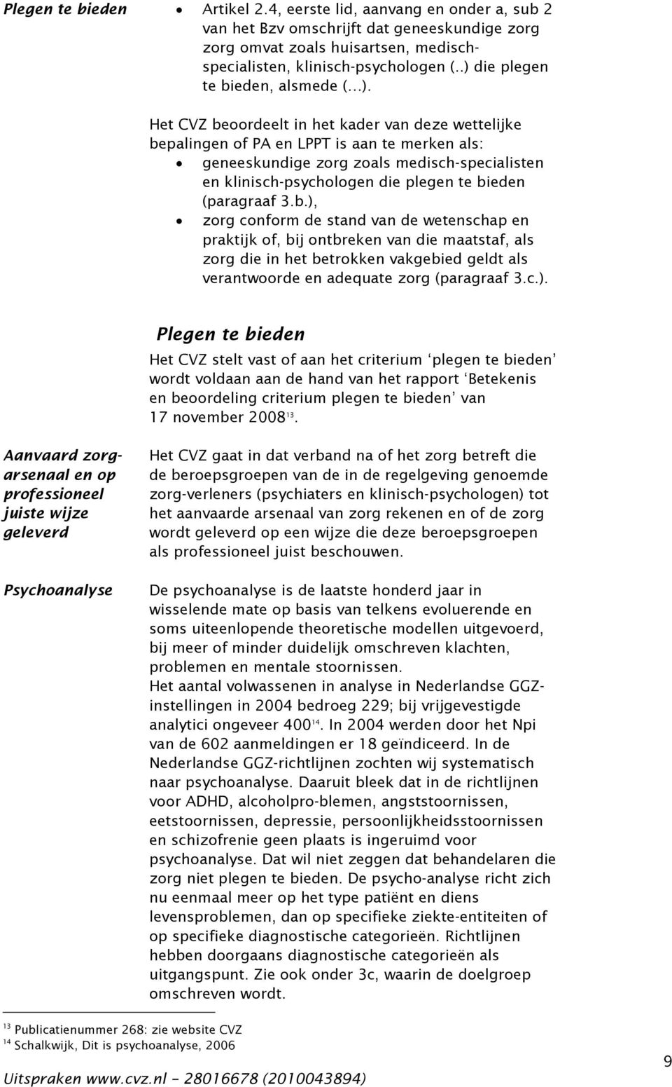 Het CVZ beoordeelt in het kader van deze wettelijke bepalingen of PA en LPPT is aan te merken als: geneeskundige zorg zoals medisch-specialisten en klinisch-psychologen die plegen te bieden