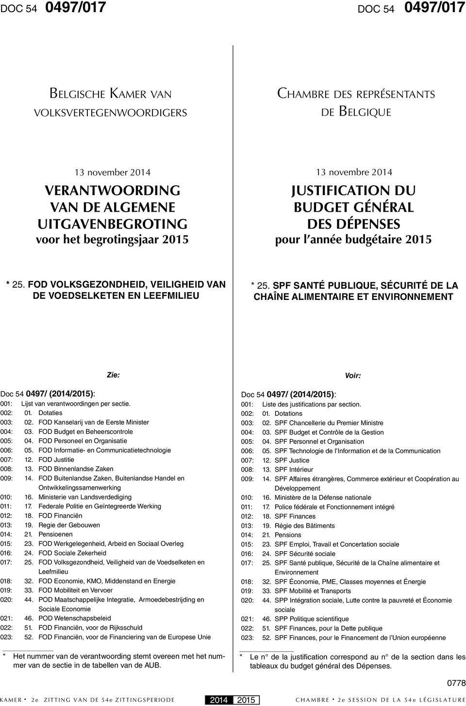 SPF SANTÉ PUBLIQUE, SÉCURITÉ DE LA CHAÎNE ALIMENTAIRE ET ENVIRONNEMENT Zie: Doc 54 0497/ (2014/2015): 001: Lijst van verantwoordingen per sectie. 002: 01. Dotaties 003: 02.