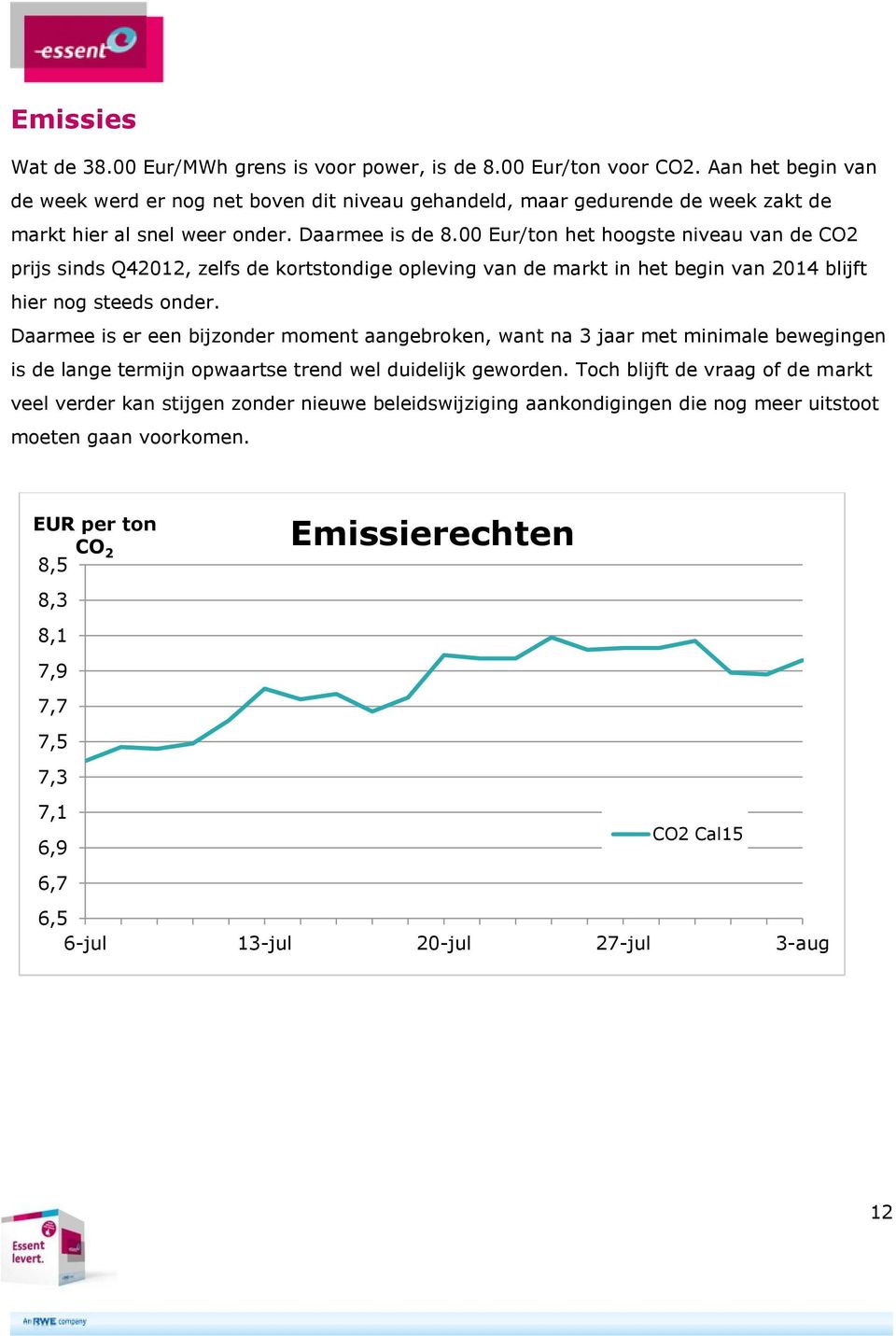 00 Eur/ton het hoogste niveau van de CO2 prijs sinds Q42012, zelfs de kortstondige opleving van de markt in het begin van 2014 blijft hier nog steeds onder.