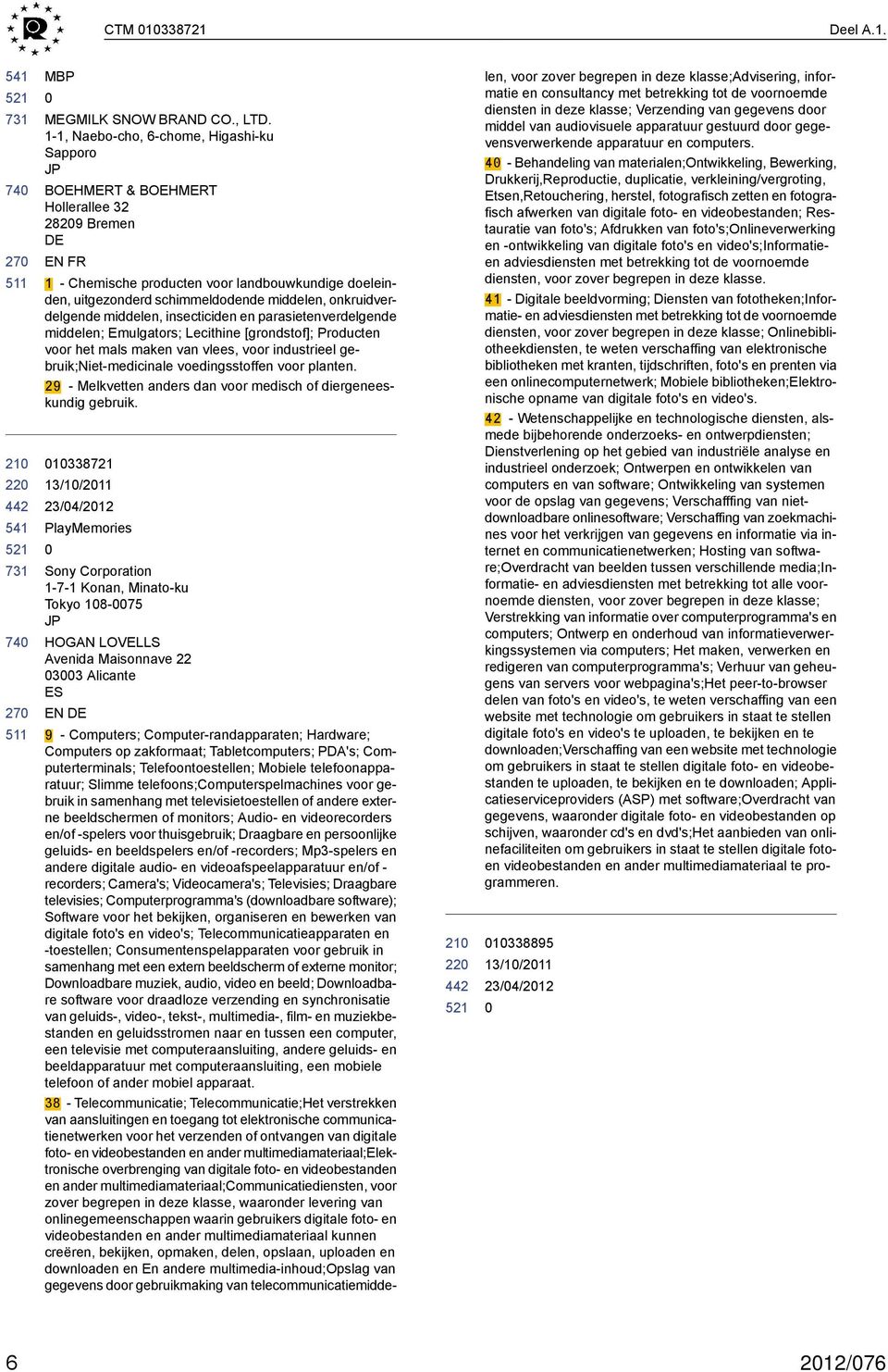 onkruidverdelgende middelen, insecticiden en parasietenverdelgende middelen; Emulgators; Lecithine [grondstof]; Producten voor het mals maken van vlees, voor industrieel gebruik;niet-medicinale