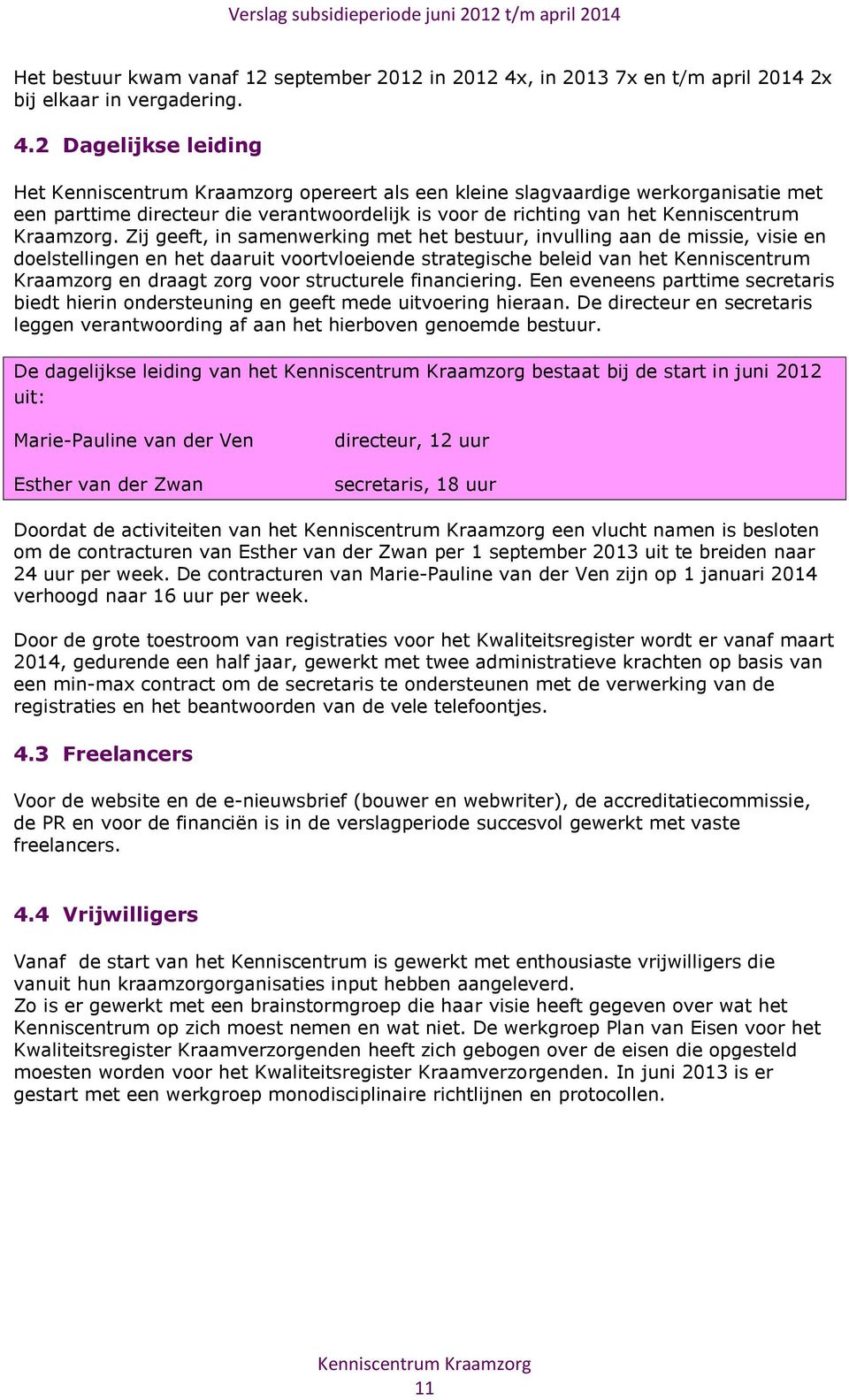 2 Dagelijkse leiding Het opereert als een kleine slagvaardige werkorganisatie met een parttime directeur die verantwoordelijk is voor de richting van het Kenniscentrum Kraamzorg.