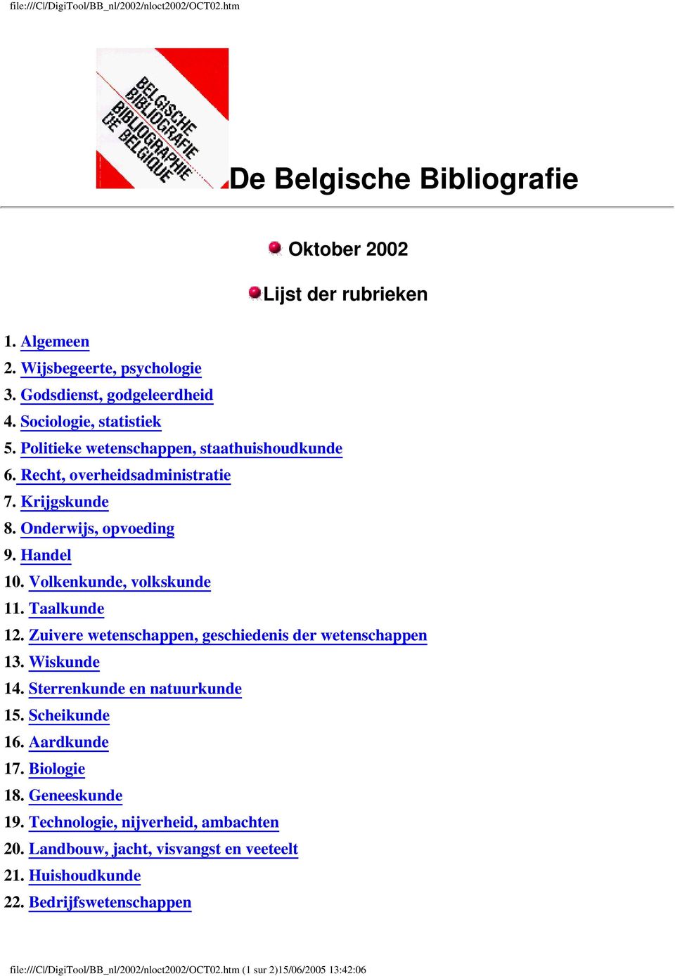 Taalkunde 12. Zuivere wetenschappen, geschiedenis der wetenschappen 13. Wiskunde 14. Sterrenkunde en natuurkunde 15. Scheikunde 16. Aardkunde 17. Biologie 18. Geneeskunde 19.