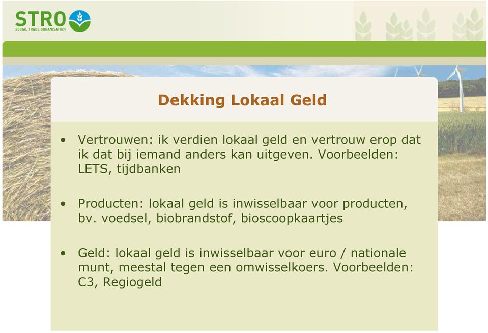 Voorbeelden: LETS, tijdbanken Producten: lokaal geld is inwisselbaar voor producten, bv.