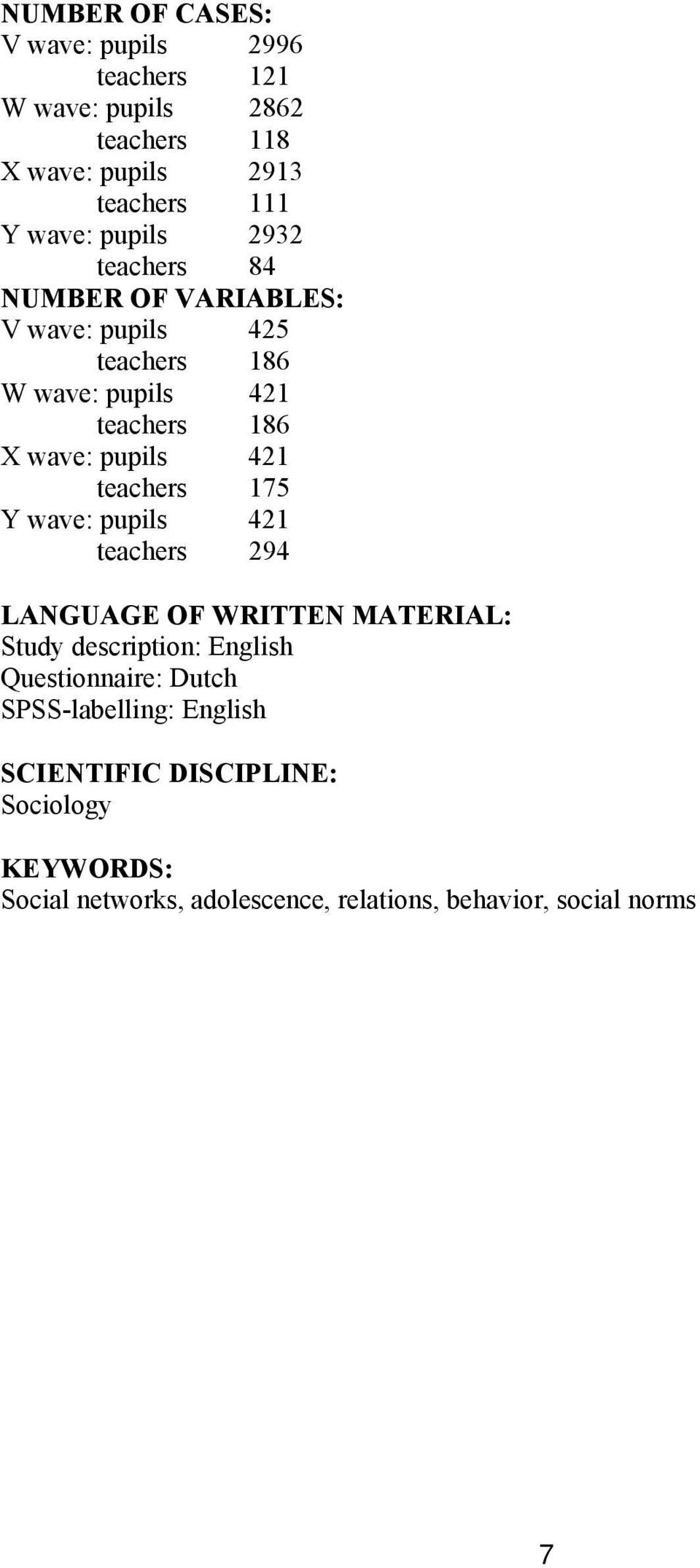 421 teachers 175 Y wave: pupils 421 teachers 294 LANGUAGE OF WRITTEN MATERIAL: Study description: English Questionnaire: Dutch