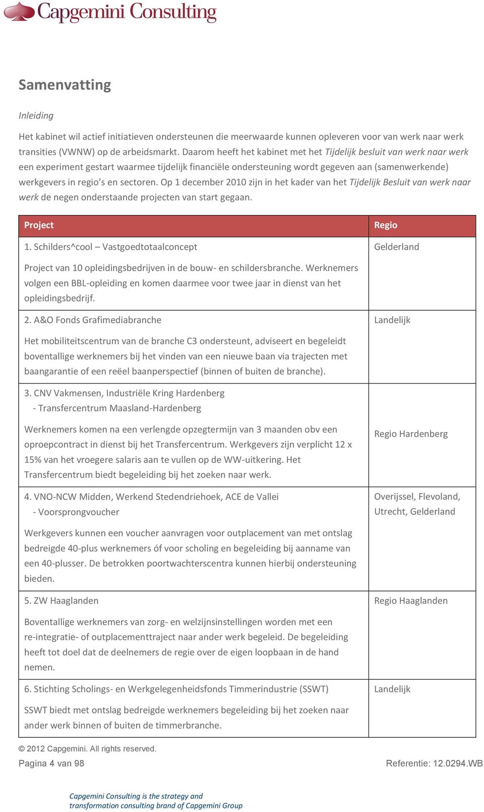 sectoren. Op 1 december 2010 zijn in het kader van het Tijdelijk Besluit van werk naar werk de negen onderstaande projecten van start gegaan. Project 1.