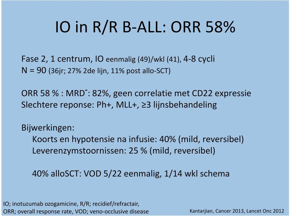 infusie: 40% (mild, reversibel) Leverenzymstoornissen: 25 % (mild, reversibel) 40% allosct: VOD 5/22 eenmalig, 1/14 wkl schema IO;