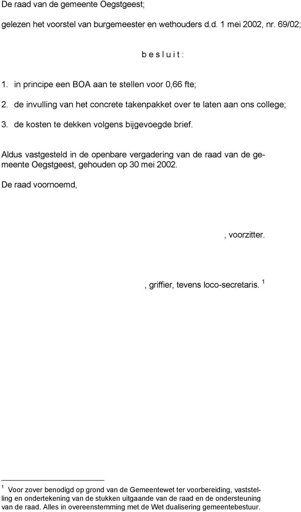 Aldus vastgesteld in de openbare vergadering van de raad van de gemeente Oegstgeest, gehouden op 30 mei 2002. De raad voornoemd,, voorzitter., griffier, tevens loco-secretaris.