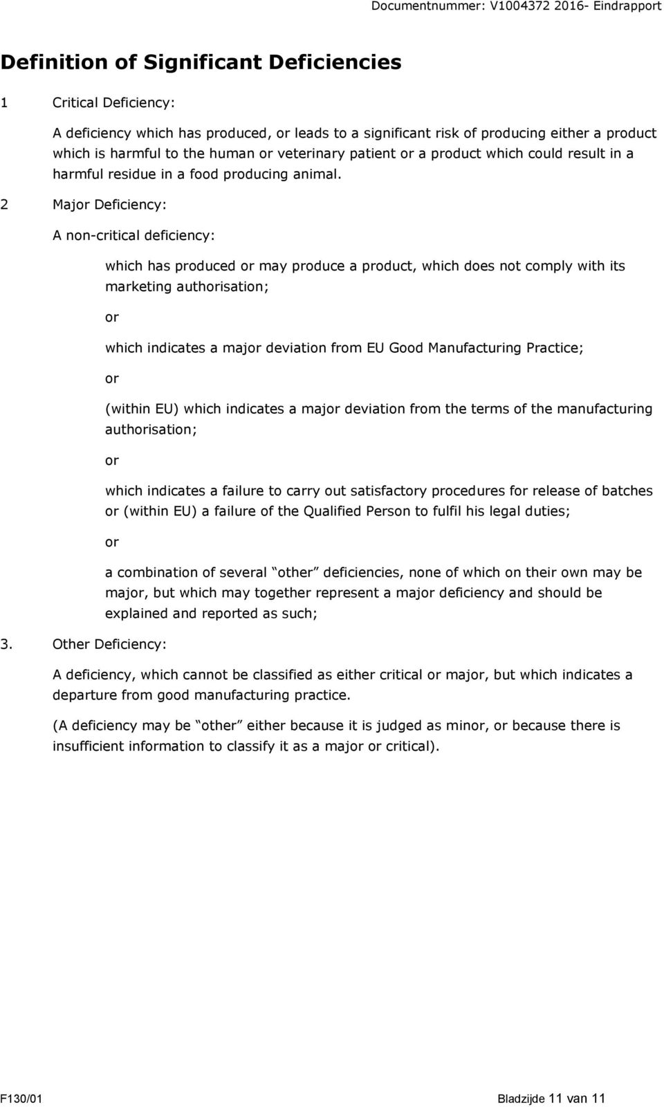 2 Major Deficiency: A non-critical deficiency: which has produced or may produce a product, which does not comply with its marketing authorisation; or which indicates a major deviation from EU Good