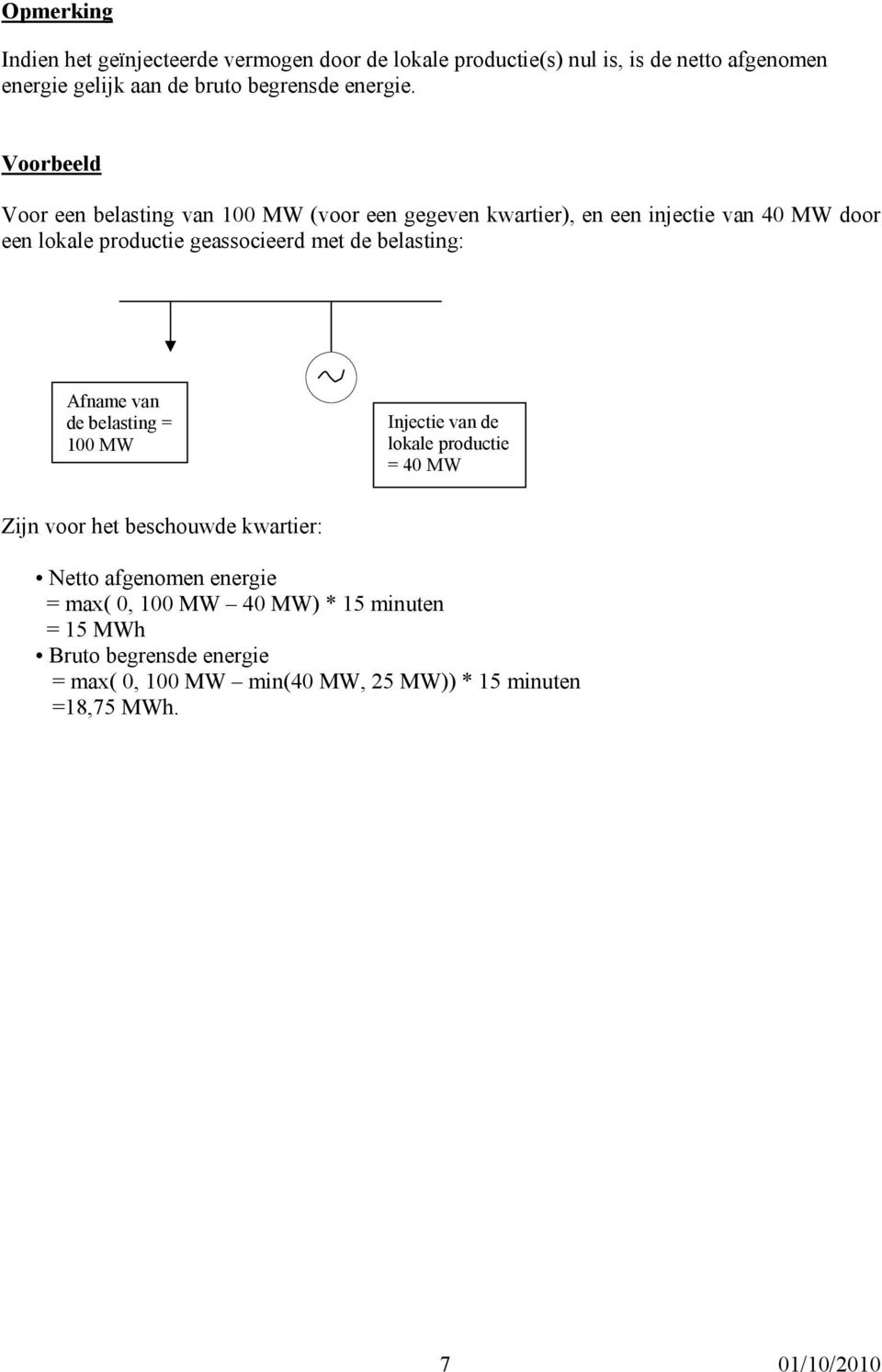Voorbeeld Voor een belasting van 100 MW (voor een gegeven kwartier), en een injectie van 40 MW door een lokale productie geassocieerd met de