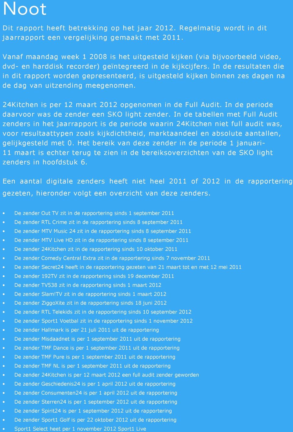 In de resultaten die in dit rapport worden gepresenteerd, is uitgesteld kijken binnen zes dagen na de dag van uitzending meegenomen. 24Kitchen is per 12 maart 2012 opgenomen in de Full Audit.