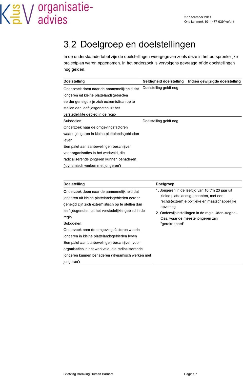 Doelstelling Geldigheid doelstelling Indien gewijzigde doelstelling Onderzoek doen naar de aannemelijkheid dat Doelstelling geldt nog jongeren uit kleine plattelandsgebieden eerder geneigd zijn zich