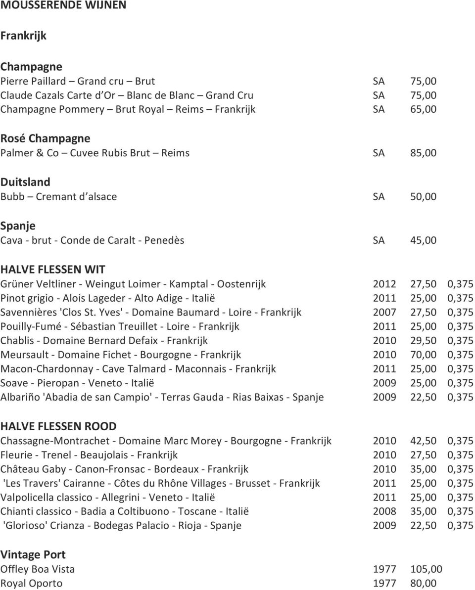 Loimer - Kamptal - Oostenrijk 2012 27,50 0,375 Pinot grigio - Alois Lageder - Alto Adige - Italië 2011 25,00 0,375 Savennières 'Clos St.