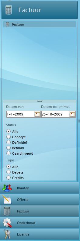 Factuur Facturen kunt u aanmaken in de webapplicatie door in de navigatiebalk te kiezen voor het onderdeel Factuur. De enige menukeuze van Factuur is op dit moment Factuur.