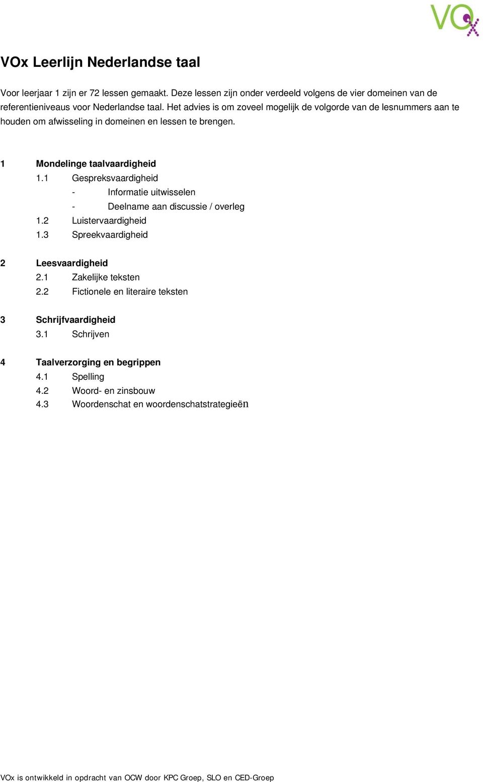 Het advies is om zoveel mogelijk de volgorde van de lesnummers aan te houden om afwisseling in domeinen en lessen te brengen. 1 Mondelinge taalvaardigheid 1.