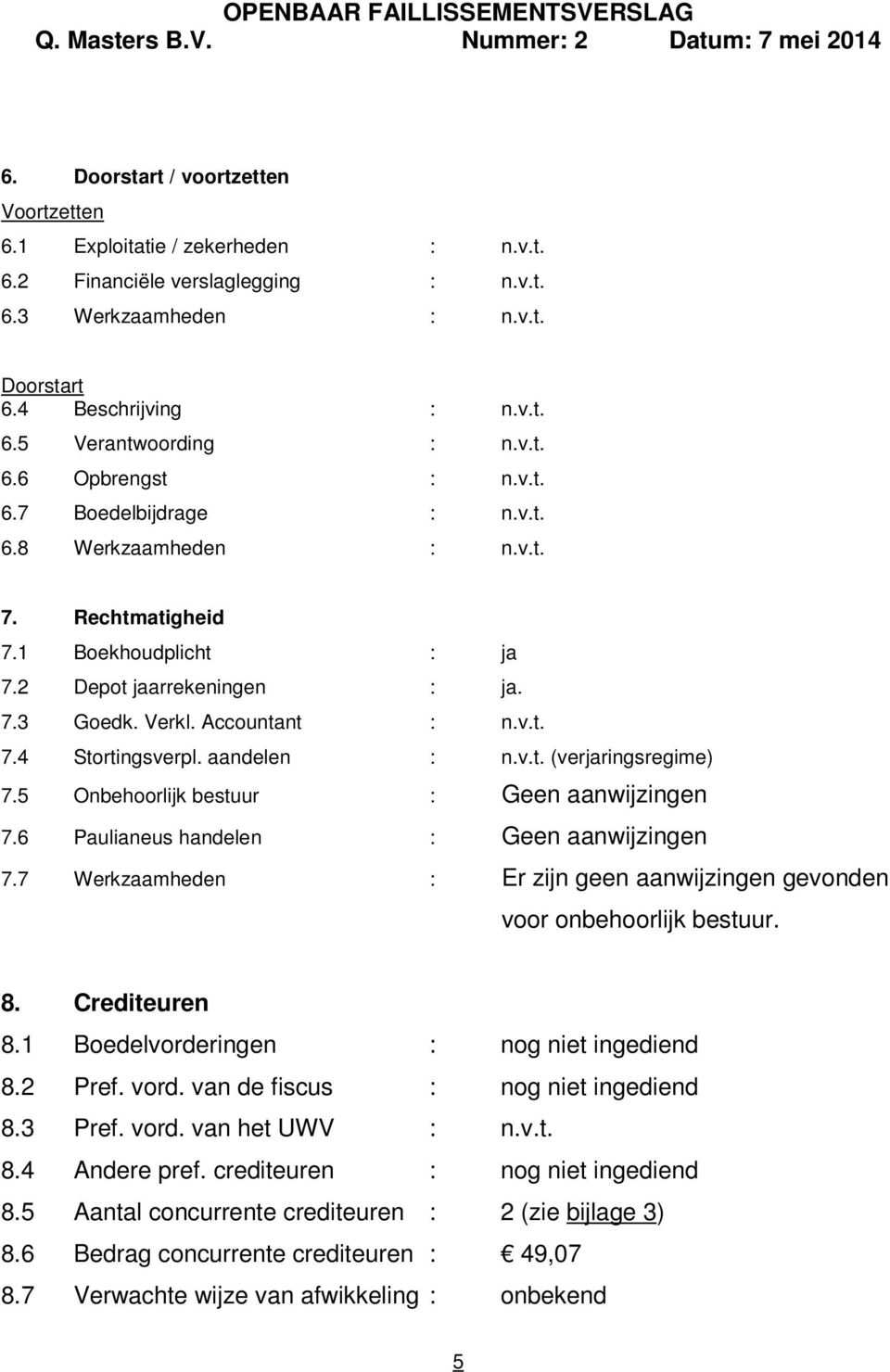 aandelen : n.v.t. (verjaringsregime) 7.5 Onbehoorlijk bestuur : Geen aanwijzingen 7.6 Paulianeus handelen : Geen aanwijzingen 7.