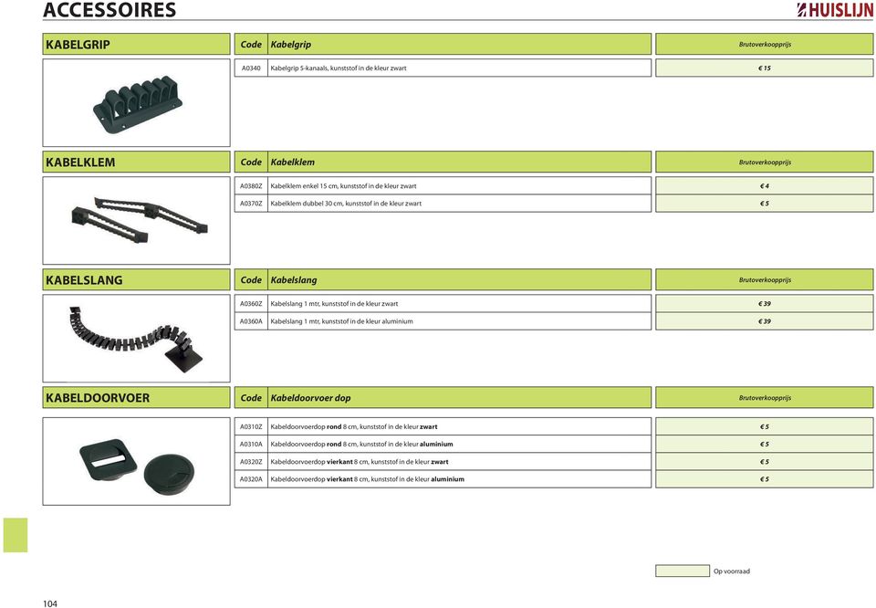 A0360A Kabelslang 1 mtr, kunststof in de kleur aluminium 39 KABELDOORVOER Code Kabeldoorvoer dop Brutoverkoopprijs A0310Z Kabeldoorvoerdop rond 8 cm, kunststof in de kleur zwart 5 A0310A