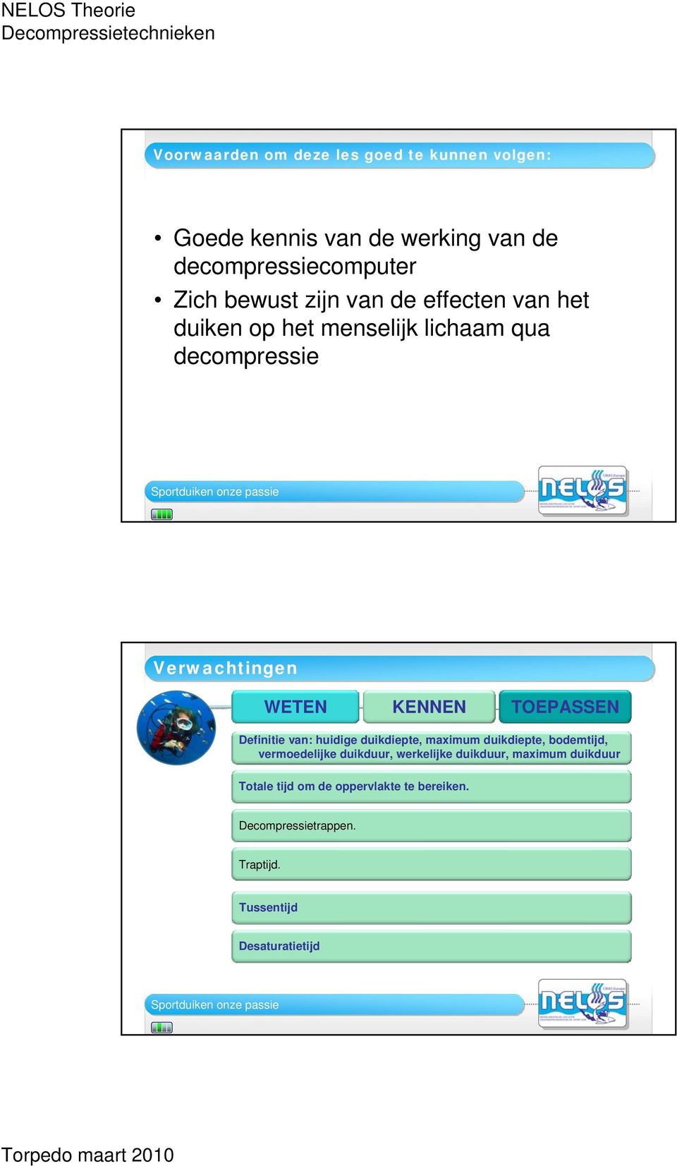 Definitie van: huidige duikdiepte, maximum duikdiepte, bodemtijd, vermoedelijke duikduur, werkelijke duikduur,