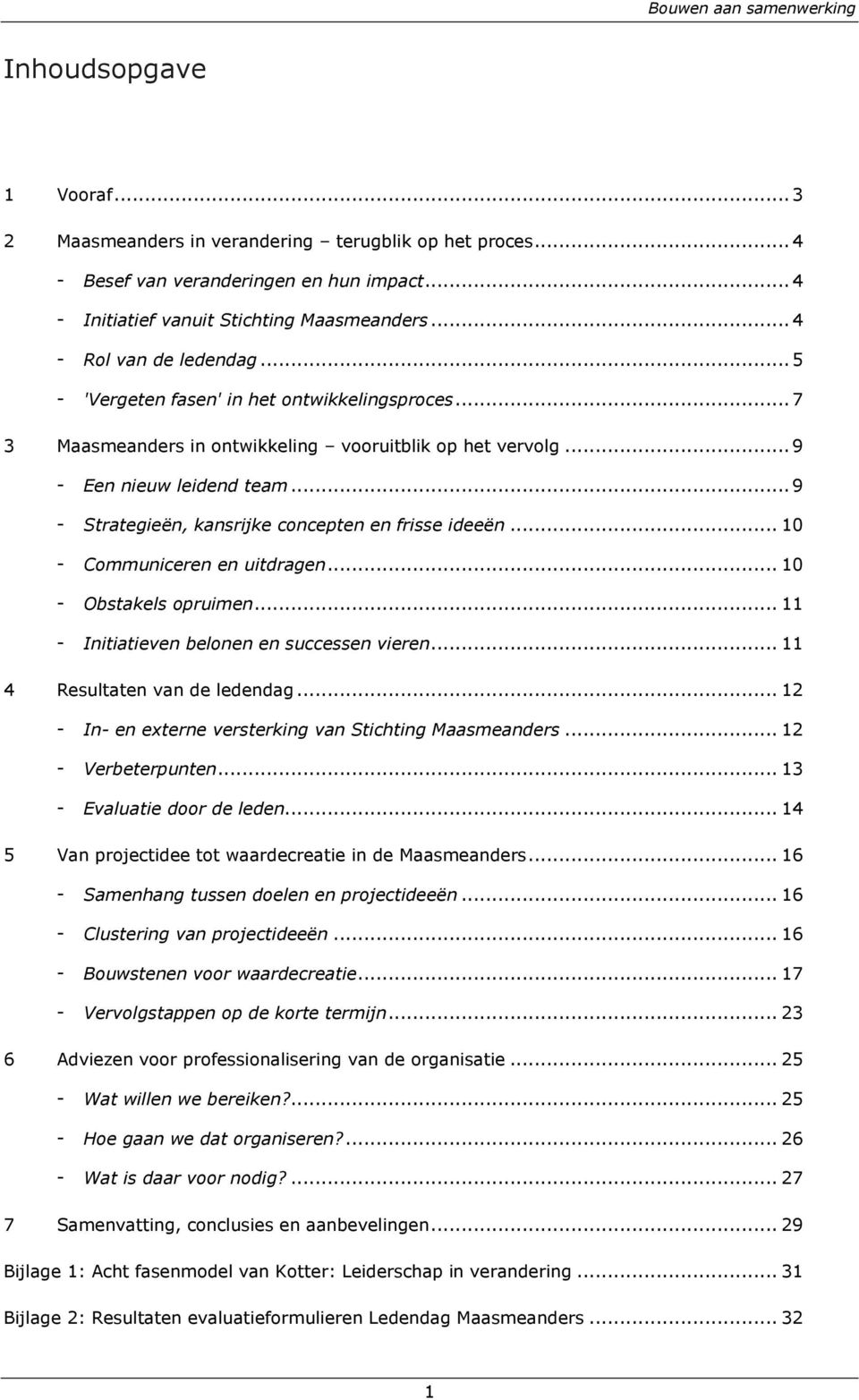 .. 10 Communiceren en uitdragen... 10 Obstakels opruimen... 11 Initiatieven belonen en successen vieren... 11 4 Resultaten van de ledendag... 12 In en externe versterking van Stichting Maasmeanders.