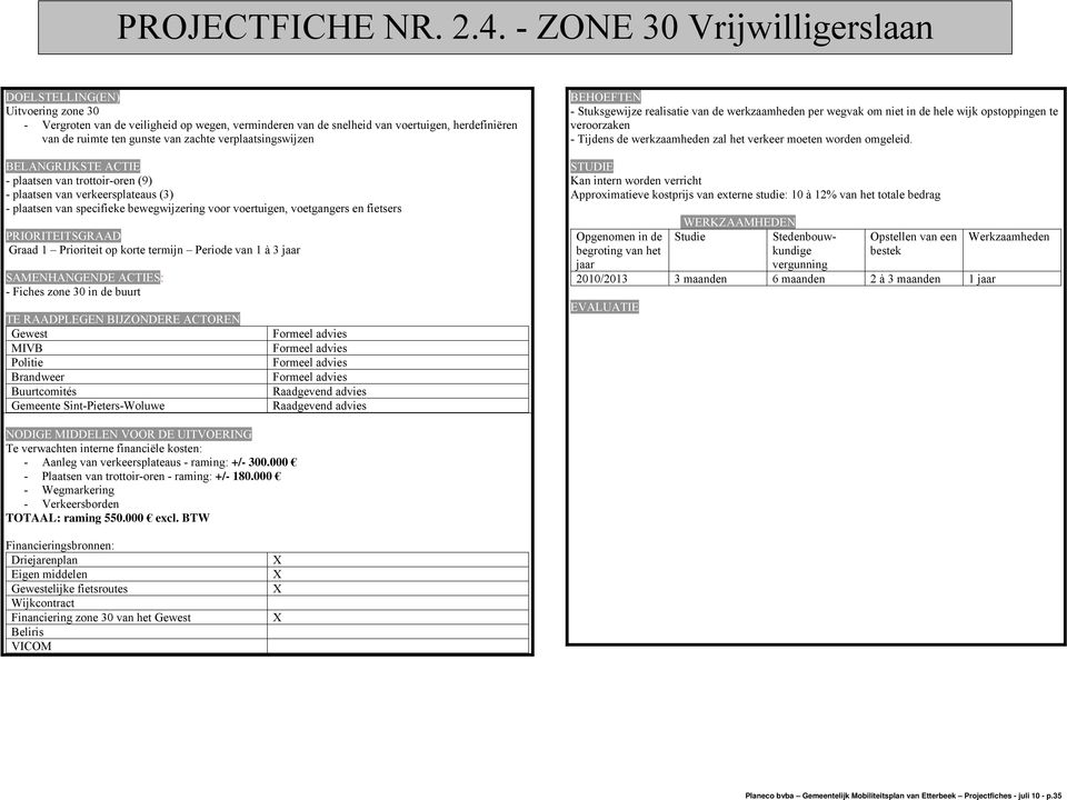 verplaatsingswijzen BELANGRIJKSTE ACTIE - plaatsen van trottoir-oren (9) - plaatsen van verkeersplateaus (3) - plaatsen van specifieke bewegwijzering voor voertuigen, voetgangers en fietsers