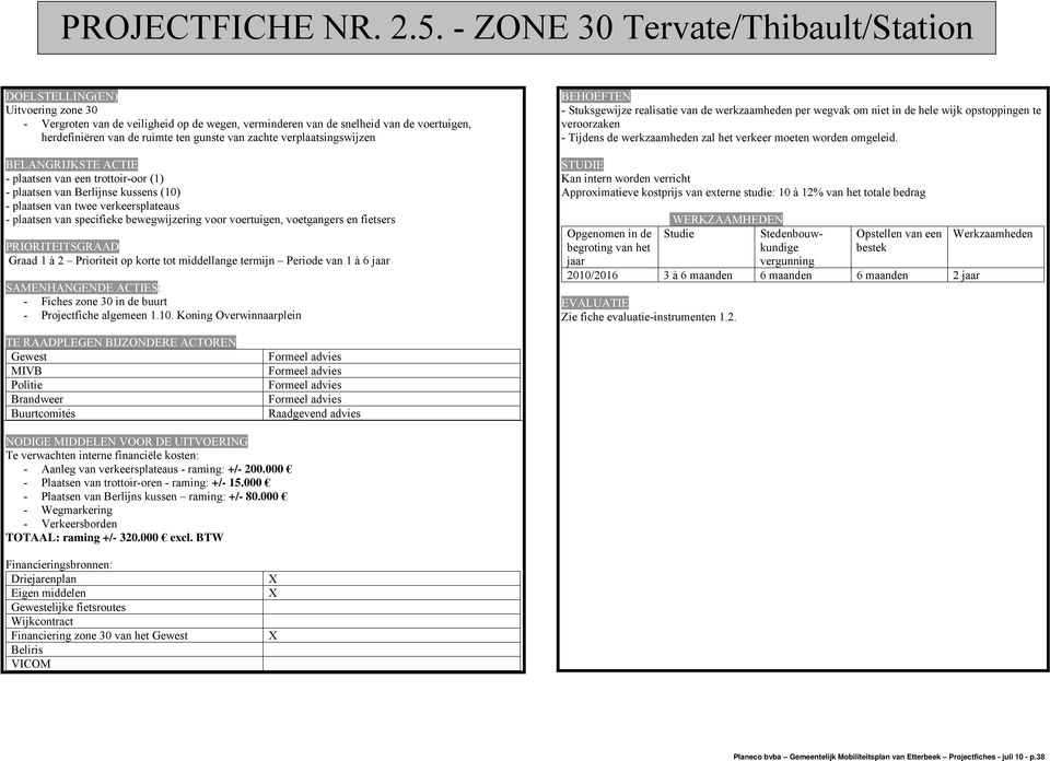 van zachte verplaatsingswijzen BELANGRIJKSTE ACTIE - plaatsen van een trottoir-oor (1) - plaatsen van Berlijnse kussens (10) - plaatsen van twee verkeersplateaus - plaatsen van specifieke