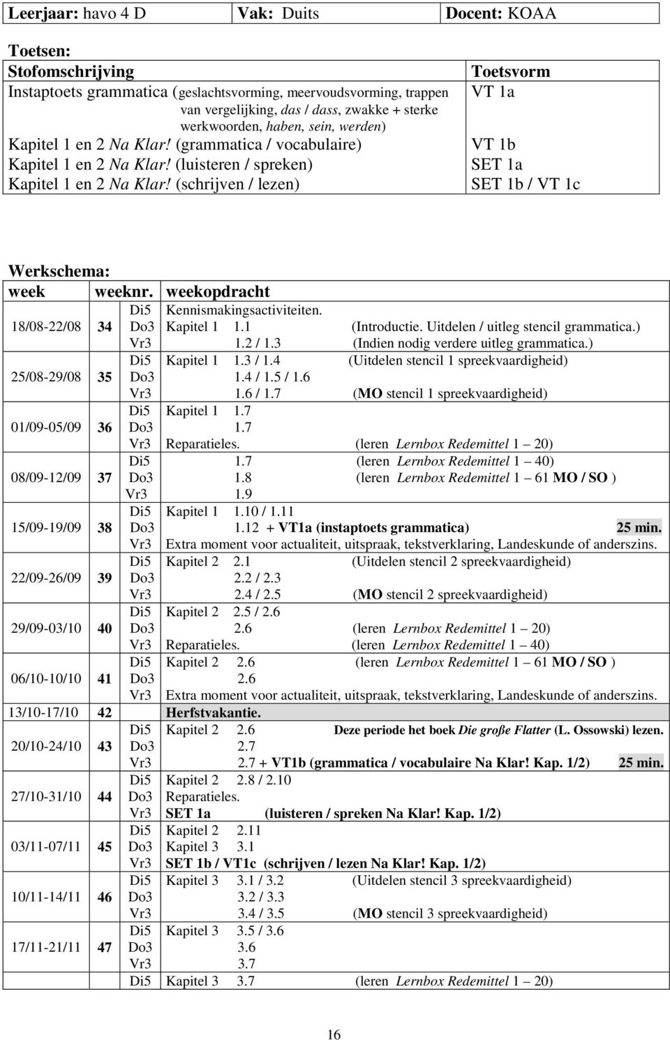 (schrijven / lezen) Toetsvorm 1a 1b SET 1a SET 1b / 1c Werkschema: week 18/08-22/08 34 25/08-29/08 35 01/09-05/09 36 08/09-12/09 37 15/09-19/09 38 22/09-26/09 39 29/09-03/10 40 06/10-10/10 41 weeknr.