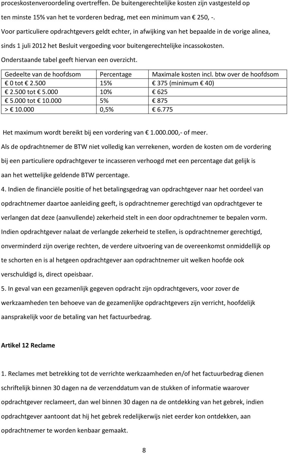 Onderstaande tabel geeft hiervan een overzicht. Gedeelte van de hoofdsom Percentage Maximale kosten incl. btw over de hoofdsom 0 tot 2.500 15% 375 (minimum 40) 2.500 tot 5.000 10% 625 5.000 tot 10.