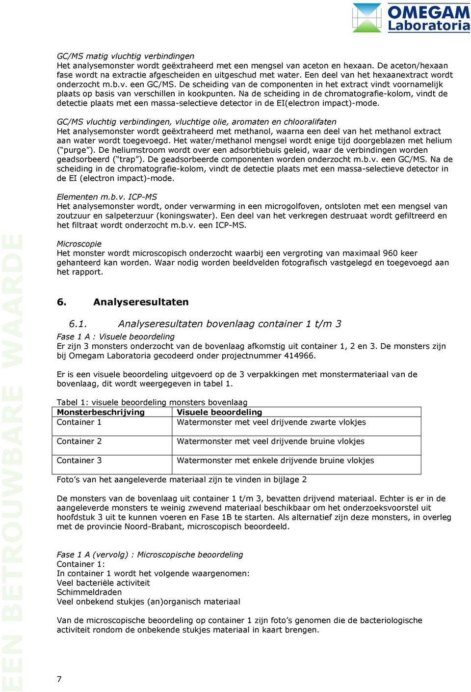 Na de scheiding in de chromatografie-kolom, vindt de detectie plaats met een massa-selectieve detector in de EI(electron impact)-mode.