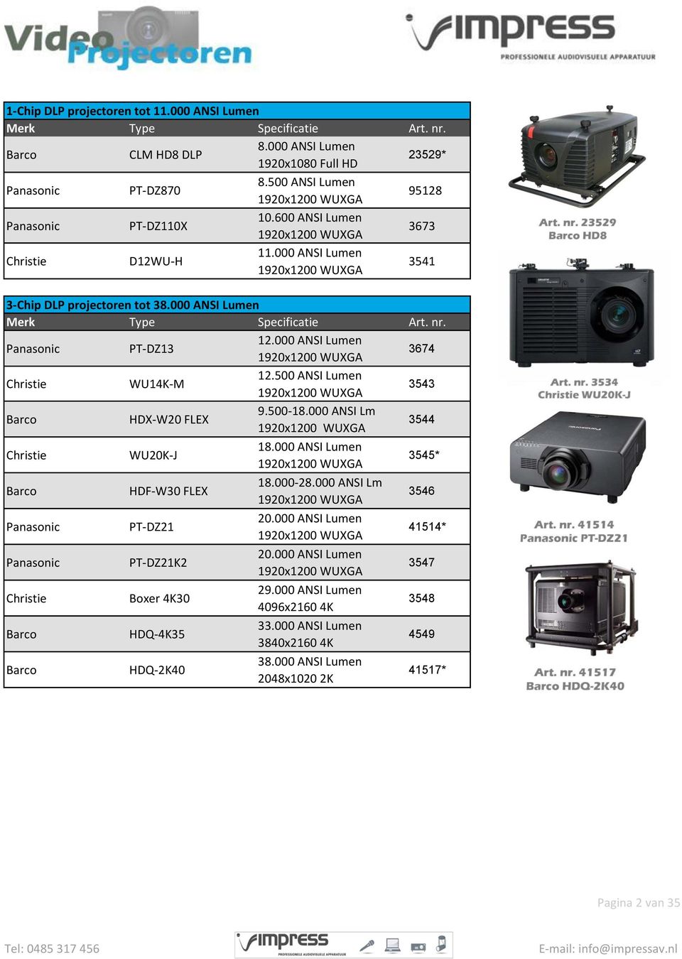 000 ANSI Lumen 1920x1200 WUXGA 3674 Christie WU14K-M 12.500 ANSI Lumen 1920x1200 WUXGA 3543 Barco HDX-W20 FLEX 9.500-18.000 ANSI Lm 1920x1200 WUXGA 3544 Christie WU20K-J 18.