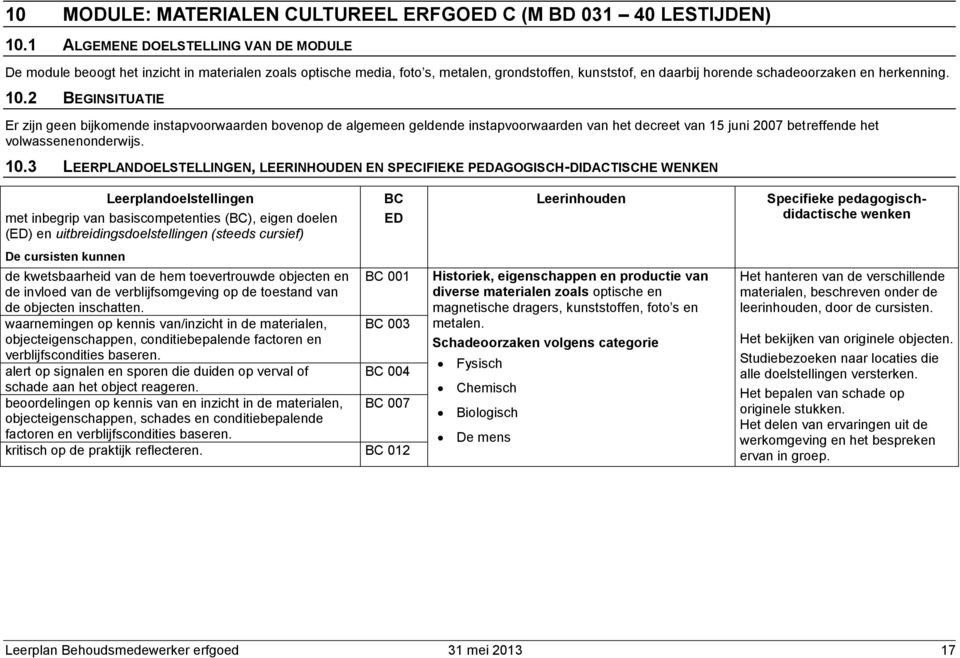 2 BEGINSITUATIE Er zijn geen bijkomende instapvoorwaarden bovenop de algemeen geldende instapvoorwaarden van het decreet van 15 juni 2007 betreffende het volwassenenonderwijs. 10.