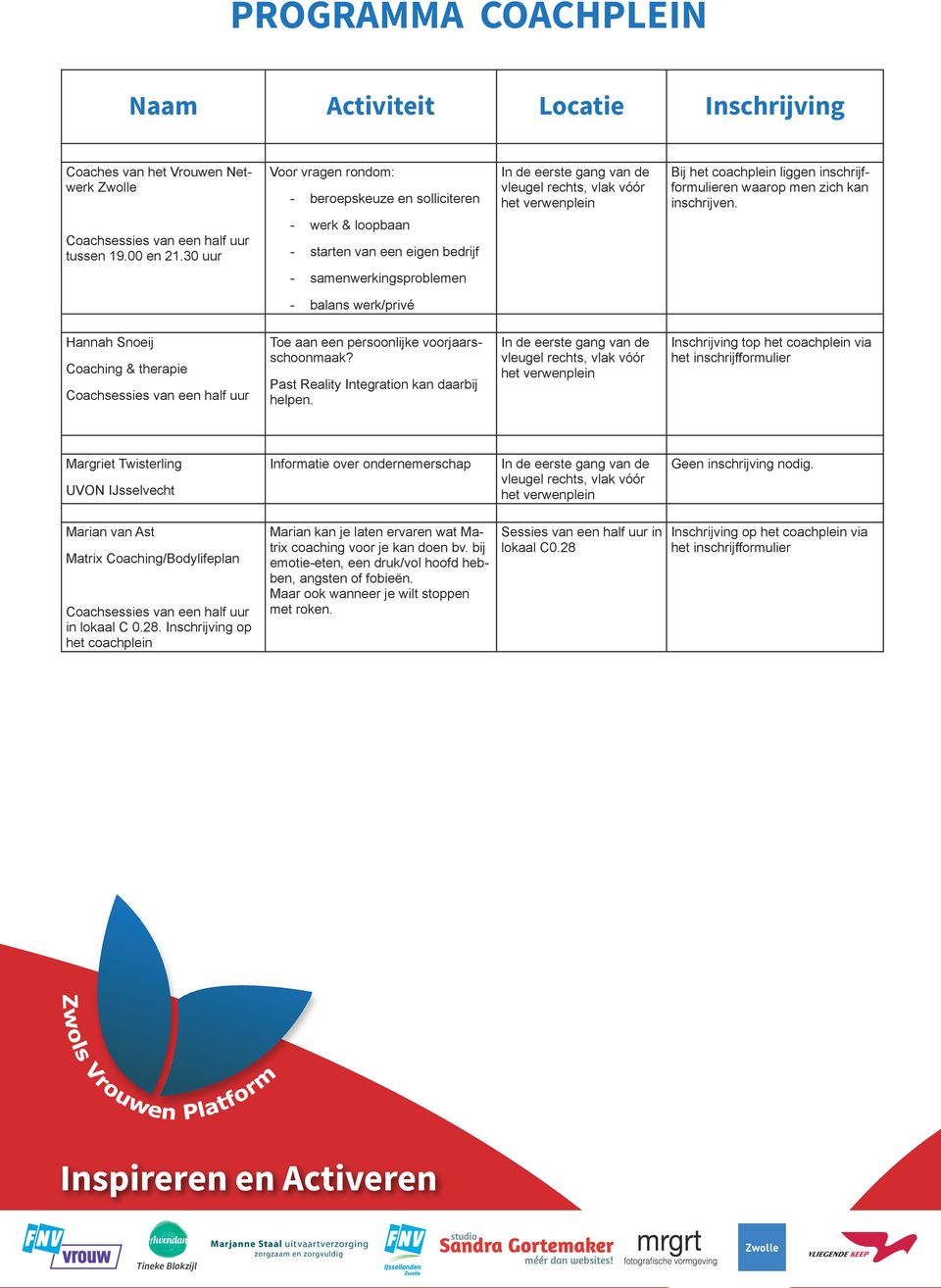 Past Reality Integration kan daarbij helpen. Inschrijving top het coachplein via het inschrijfformulier Margriet Twisterling UVON IJsselvecht Informatie over ondernemerschap Geen inschrijving nodig.