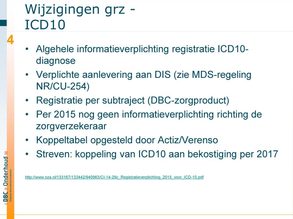 informatieverplichting richting de zorgverzekeraar Koppeltabel opgesteld door Actiz/Verenso Streven: koppeling