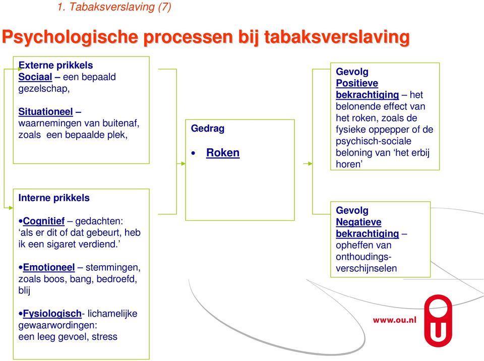 psychisch-sociale beloning van het erbij horen Interne prikkels Cognitief gedachten: als er dit of dat gebeurt, heb ik een sigaret verdiend.